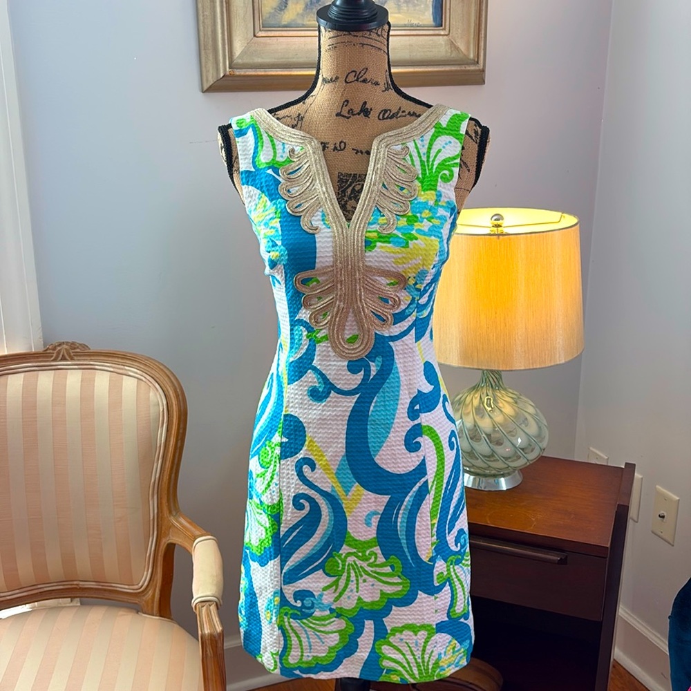 Lilly Pulitzer stunning gold embroidered blue green white summer dress XS 0